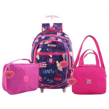 Imagem de Mochila Escolar com Rodinhas e Lancheira Menina Estojo Completo e Refo