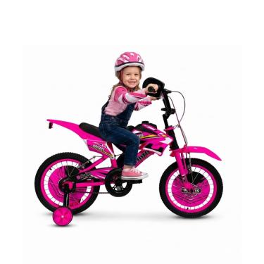 Imagem de Bicicleta Infantil Moto Cross Aro 16 Freios Dianteiro e Traseiro Rodinhas de Apoio Rosa Unitoys