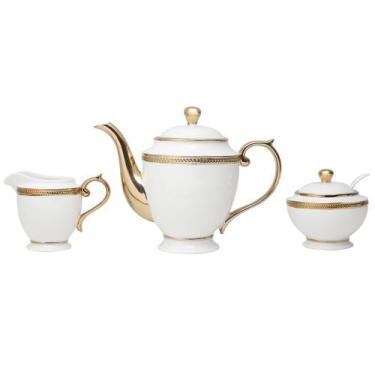 Imagem de Conjunto Bule + Açucareiro + Leiteira Paddy Porcelana Branco e Dourado