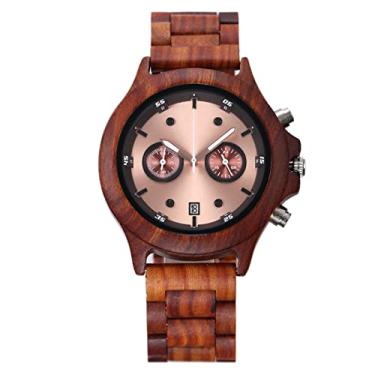 Imagem de Relógio de pulso de madeira, relógio masculino de quartzo, pulseira de madeira feita à mão, com mostrador de data e mostrador duplo para presentes de Dia dos Namorados