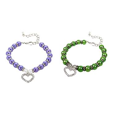 Imagem de Colar de coleira para gato e cachorro 2 peças colar de pérolas coleira para animais de estimação com pingente, tamanho pequeno e médio gato e cachorro ajustável suprimentos para foto de animais de estimação