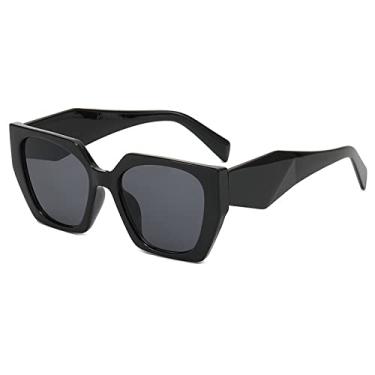 Imagem de Moda Óculos de Sol Quadrado Feminino Polígono Olho de Gato Óculos de Sol Feminino Sombras UV400 Retro Luxo Colorido Óculos Masculino, Preto Brilhante Cinza, Com Bolsa