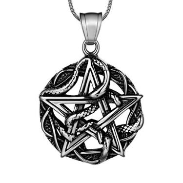 Imagem de Colar pentagrama pentagrama Wiccan - pingente satânico estrela aço inoxidável 316L selo tradicional de tetragrama de Salomão Eliphas Levi's Pentagra Wicca Punk joia retrô, Metal