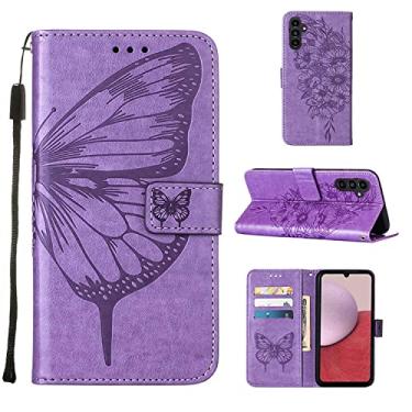 Imagem de Capas de telefone borboleta em relevo para Samsung Galaxy A14 A 14 5G Capa de couro com slots para cartão impressos clipe de carteira para telefone de negócios Samsung A14 5G capas (roxo claro, Samsung A14 5G)