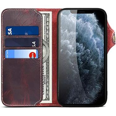 Imagem de KAPPDE Bolsa de capa de telefone fólio retrô, carteira flip de couro genuíno à prova de choque [porta-cartão] para Apple iPhone 13 Pro (2021) 6,1 polegadas (cor: vermelho)