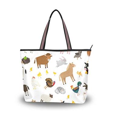 Imagem de Bolsa feminina com alça superior, estampa de animais de fazenda em branco, bolsa de ombro, Multicolorido., Medium