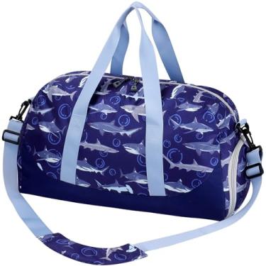Imagem de Choco Mocha Bolsa de viagem infantil para meninos – Bolsas noturnas para viagem, academia, festa do pijama, meninos de 9 a 12 anos, 6 a 8 anos, Tubarão-azul-marinho, Bolsa esportiva para meninos