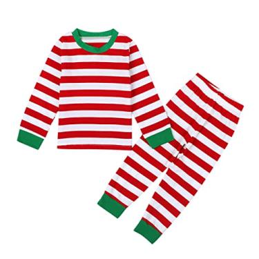 Imagem de Conjunto de pijama para meninos e meninas tamanho 16 pijama de Natal listrado camiseta calça pijama infantil, Vermelho, 3-4 Anos