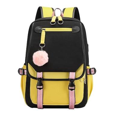 Imagem de Mochila para meninas adolescentes, mochila para estudantes do ensino médio, mochila para uso ao ar livre, com porta USB, capa de chuva, Amarelo, One Size, Mochilas