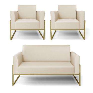 Imagem de Sofá Namoradeira Com 2 Poltronas Base Industrial Alta Dourado Marisa Corino D03 - D\`rossi Cor Bege