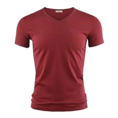 Imagem de Camiseta masculina cor pura gola V e O manga curta camisetas masculinas fitness para roupas masculinas 1, Decote em V na cor vermelha, XXG