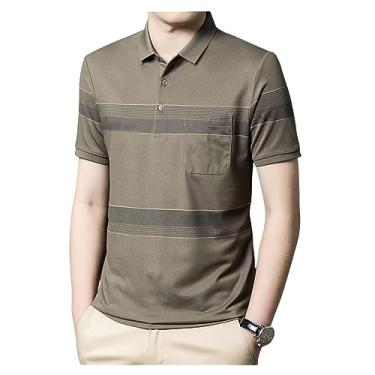 Imagem de Camisa polo masculina lisa listrada de seda gelada com botões de lapela camiseta umidade, Verde militar, 3G