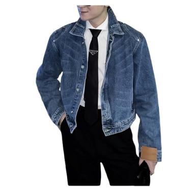 Imagem de Jaqueta jeans masculina cor sólida lapela botão casaco jeans resistente ao desgaste jaqueta urbana negócios, Azul-escuro, M