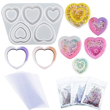 Imagem de Yayatty Moldes de silicone para coqueteleira de resina, moldes de silicone de areia movediça em forma de coração, moldes de fundição de resina epóxi com folhas de PVC e contas coloridas para