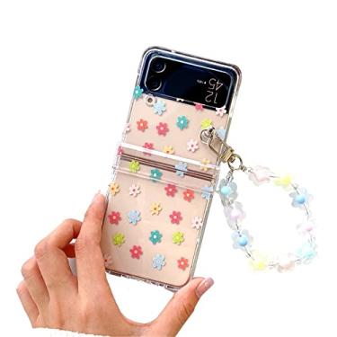 Imagem de GO-VOLMON Capa transparente para Galaxy Z Flip 3 lindas flores com alça floral, capa de plástico Kawaii para Galaxy Z Flip 3 PC rígido com proteção de dobradiça, linda capa de pulseira para Z Flip 3