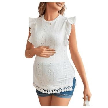 Imagem de BEAUDRM Camiseta feminina de gestante, manga cavada, gola redonda, ilhós, bordada, tricotada, para gravidez, Branco, M