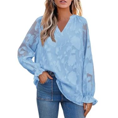 Imagem de Imily Bela Blusas femininas de chiffon com decote em V e malha de bolinhas suíças camisetas túnica elegantes texturizadas para o verão, Azul, GG