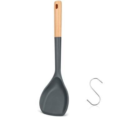 Imagem de Espátula Wok, espátula de silicone para wok com cabo de madeira resistente ao calor, utensílio de cozinha, pá de cozinha, concha de colher para recolher, virar, mexer, durável, sem BPA, 33,2 cm
