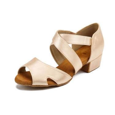 Imagem de YYTing Tênis de dança de salão feminino Swing Latin (sola de camurça, fecho elástico) Salto de 3,8 cm YT27, Bege, 36