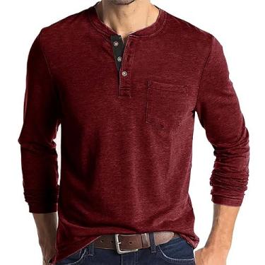 Imagem de Camisetas masculinas Henley fashion manga longa Recluse Slim Fit Casual Button Moletom Outono Clássico Leve, C, vermelho, GG
