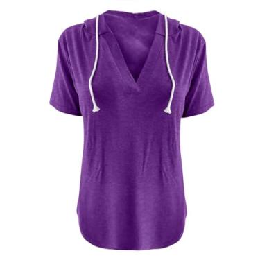 Imagem de Camiseta feminina plus size verão gola V esportiva solta com capuz manga curta túnica longa, Roxa, P