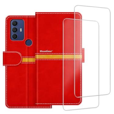 Imagem de ESACMOT Capa de telefone compatível com Alcatel 1V 2022 6002J + [2 unidades] película protetora de tela de vidro, capa protetora magnética de couro premium para Alcatel 1V 2022 6002J vermelha