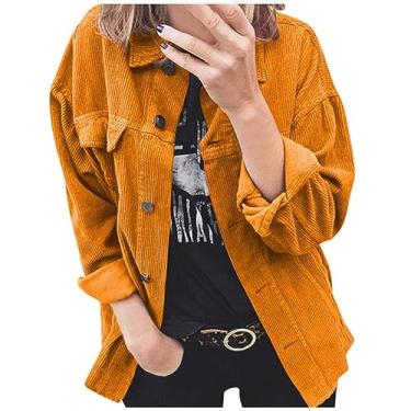 Imagem de Jaqueta feminina de veludo cotelê, casual, de manga comprida, com botões, solta, leve, casaco com, Amarelo, 3G