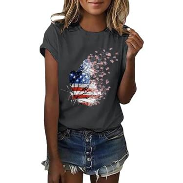 Imagem de Camiseta feminina com bandeira americana patriótica 4th of July Butterfly Graphic Tees Shirts USA Flag Star Stripe Tops, Cinza escuro, G