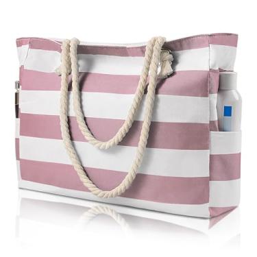 Imagem de Bolsas de praia femininas - Bolsa de praia grande com zíper impermeável à prova de areia para natação e piscina, Listras rosa claro, Large