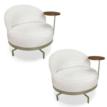 Imagem de Kit 2 Poltronas Decorativa Andromeda Linho Bouclê Bege Pérola Base Giratória De Ferro - Pallazio