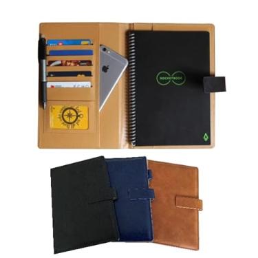 Imagem de Thegreen Capa rígida de couro PU para The Rocketbook Everlast tamanho carta executiva, preto/marrom escuro, tecido de couro, suporte para caneta/bolso para telefone/serve para A4-A5, alça magnética