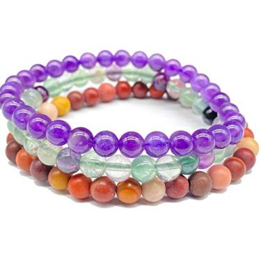 Imagem de [ABCgems] Conjunto de 3 pulseiras (arco-íris australiano Mookaite- fosco) e (ametista roxa africana - suave) e (flúor arco-íris mexicano - suave) 5,5-6,5 mm contas de energia de cura semipreciosa natural