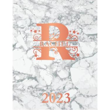 Imagem de Rachel 2023: Personalized Name Weekly Planner Diary 2023. Monogram Letter R Notebook Planner. White Marble & Rose Gold Cover. Datebook Calendar Schedule