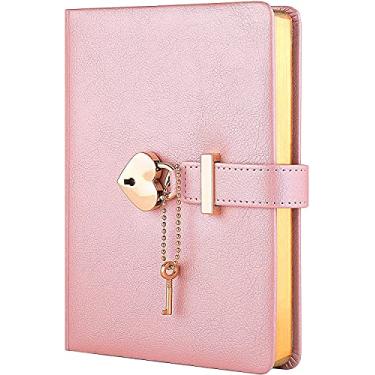 Imagem de Poshieca Diário de cadeado em forma de coração com chave de couro PU diário organizador pessoal caderno secreto para meninas e mulheres B6 tamanho 13,5 x 17,8 cm (rosa)