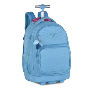Imagem de Mochila De Rodinhas Com Alça Costas Mala Viagem Passeio Bolsa Escolar Menina Infantil Juvenil Com Chaveiro Pompom RB Original Azul Escuro