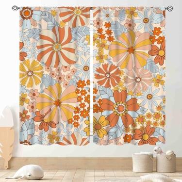 Imagem de Cortinas florais laranja, retrô anos 70, descoladas, hippie, boêmio, flores amarelas, vintage, fofas, tríplice para janela, tratamentos para quarto, sala de estar, cozinha, banheiro, 2 painéis, 107 x