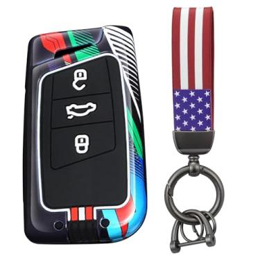 Imagem de HIBEYO Capa de chaveiro de 3 botões compatível com VW Volkswagen Passat Tiguan Skoda CC B8 MK2 B7 Superb A7 Magotan Acessórios modernos de metal pintado com chaveiros da bandeira dos EUA - 3 botões