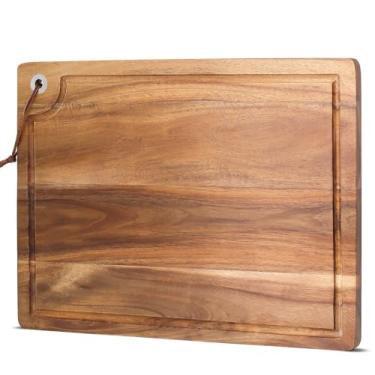 Imagem de LeJuveny Tábua de corte de madeira de acácia para cozinha - Tábua grande de madeira com ranhura de suco para vegetais de carne 38 x 28 cm
