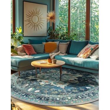 Imagem de RELEANY Tapetes de área de 2,12 m, lavável, antiderrapante, estampa floral, vintage, tapete medalhão para sala de estar, quarto, sala de jantar, verde-petróleo, azul lago