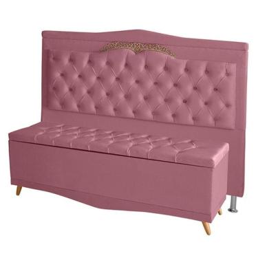 Imagem de Kit De Cabeceira De Cama E Calçadeira Baú Barcelona Queen 160 Cm Retro Capitonê Suede Rosa Bebê Do Lar Móveis
