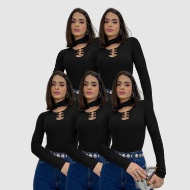 Imagem de Kit 5 Body Blusa Canelada Manga Longa Gola Choker  Moda Gringa Social 