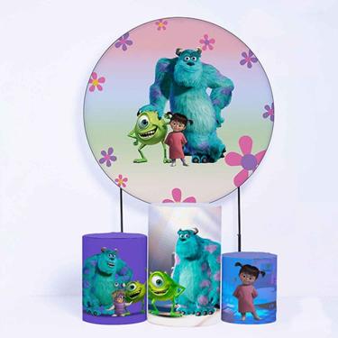 Imagem de Kit Painel de Festa Redondo de 1,50m e Trio de Cilindros Monstros S.A - Fera Print