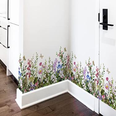 Imagem de Mirabuy Adesivos de canto de parede de grama de plantas grandes flores com borboletas placa de base rodapé decalques de parede para quarto sala de estar escada cozinha