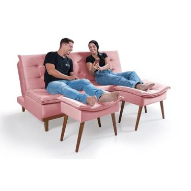 Imagem de Sofá Cama Reclinável Santorini com 2 Banquetas Veludo 3 Lugares Casal Premium Pés de Madeira (ROSA)