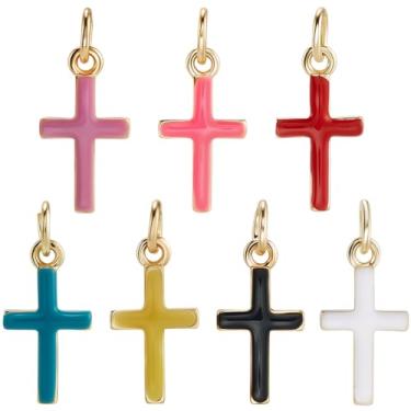 Imagem de Beebeecraft Amuletos de cruz esmaltada, 14 peças, 7 cores, banhado a ouro 18K, pingentes de crucifixo colorido com anel de salto para fazer joias, brincos, colar