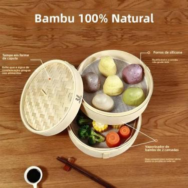 Imagem de Cesta chinesa a vapor com tampa, Vapor de bambu para cozinhar Bao e pã