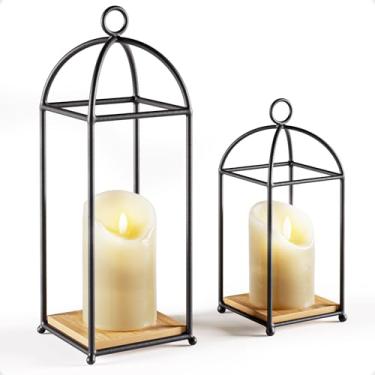 Imagem de Conjunto de 2 lanternas de vela decorativas para ambientes internos com 2 velas de LED incluídas - conjunto de lanternas de ferro e bambu de 33 e 25 cm de altura - lanternas decorativas internas para