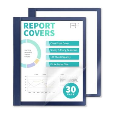 Imagem de Binditek Pacote com 30 capas frontais transparentes com 3 pinos, capacidade para 100 folhas, pasta de relatório de plástico resistente com capas traseiras marinhas, 3 fixadores de garras de metal