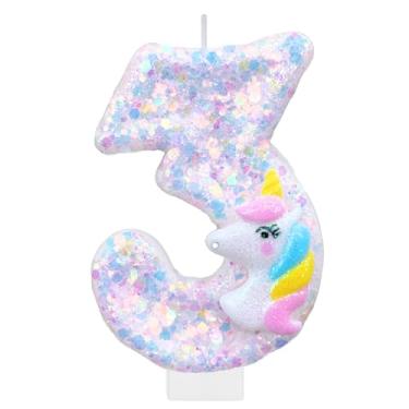 Imagem de Velas com números de aniversário de unicórnio para bolo, vela branca número 3, topo de bolo divertido de unicórnio com glitter, decoração de aniversário, enfeite de cupcake para artigos de festa