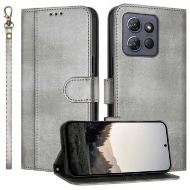 Imagem de JanCalm Capa carteira para Moto G Stylus 2025, compartimentos para dinheiro, alça de pulso, capa de design minimalista, proteção de couro PU premium, capas com suporte flip (cinza)